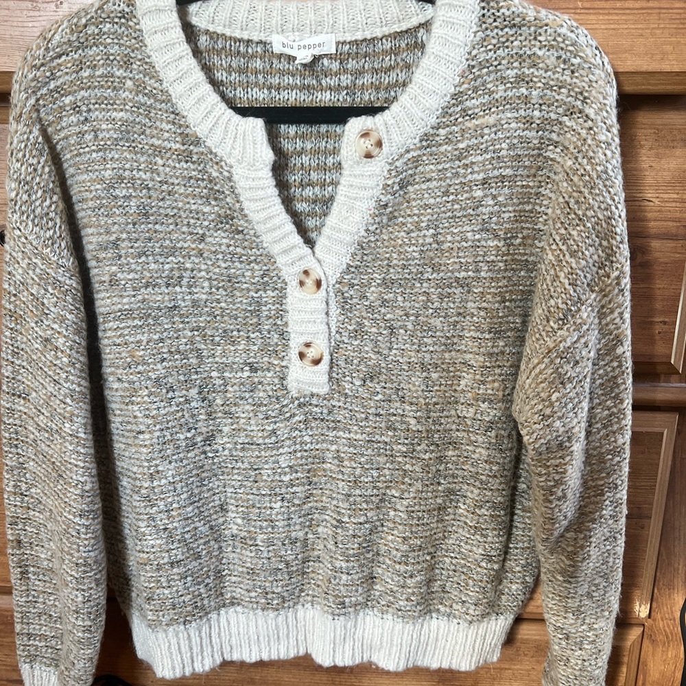 Blu Pepper V-Neck Sweater with Button Detail in Tan and Cream